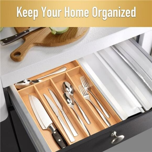 Bamboo Kitchen Drawer Organizer Utensil Cutlery Flatware Tray 5 Slot Holder - Picture 5 of 7